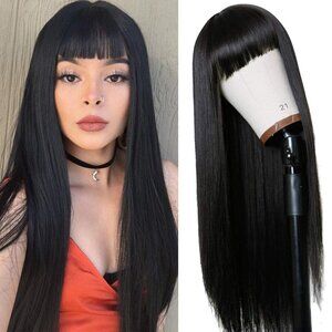 New TIMANZO Long Straight Remy Hair Wig Natural Black, 24 inch